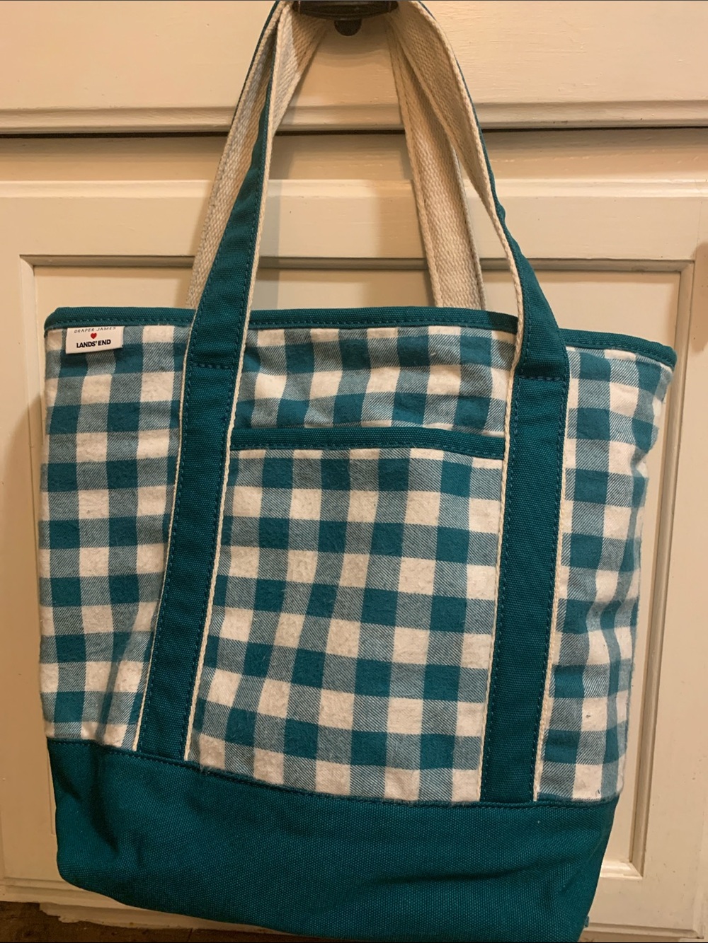 Lands' End Teal and White Gingham flannel Canvas Tote Draper James